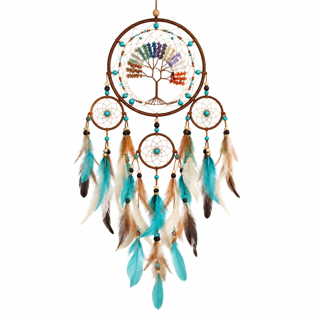 Acchiappasogni da parete 45 x 90 cm con albero decorativo in corda perline e piume multicolore