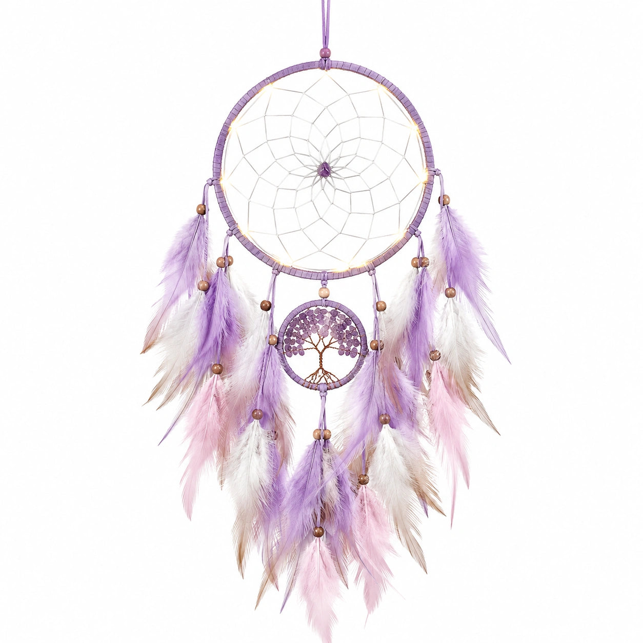 Acchiappasogni da parete 30 x 70 cm in filo e piume lilla rosa stile boho