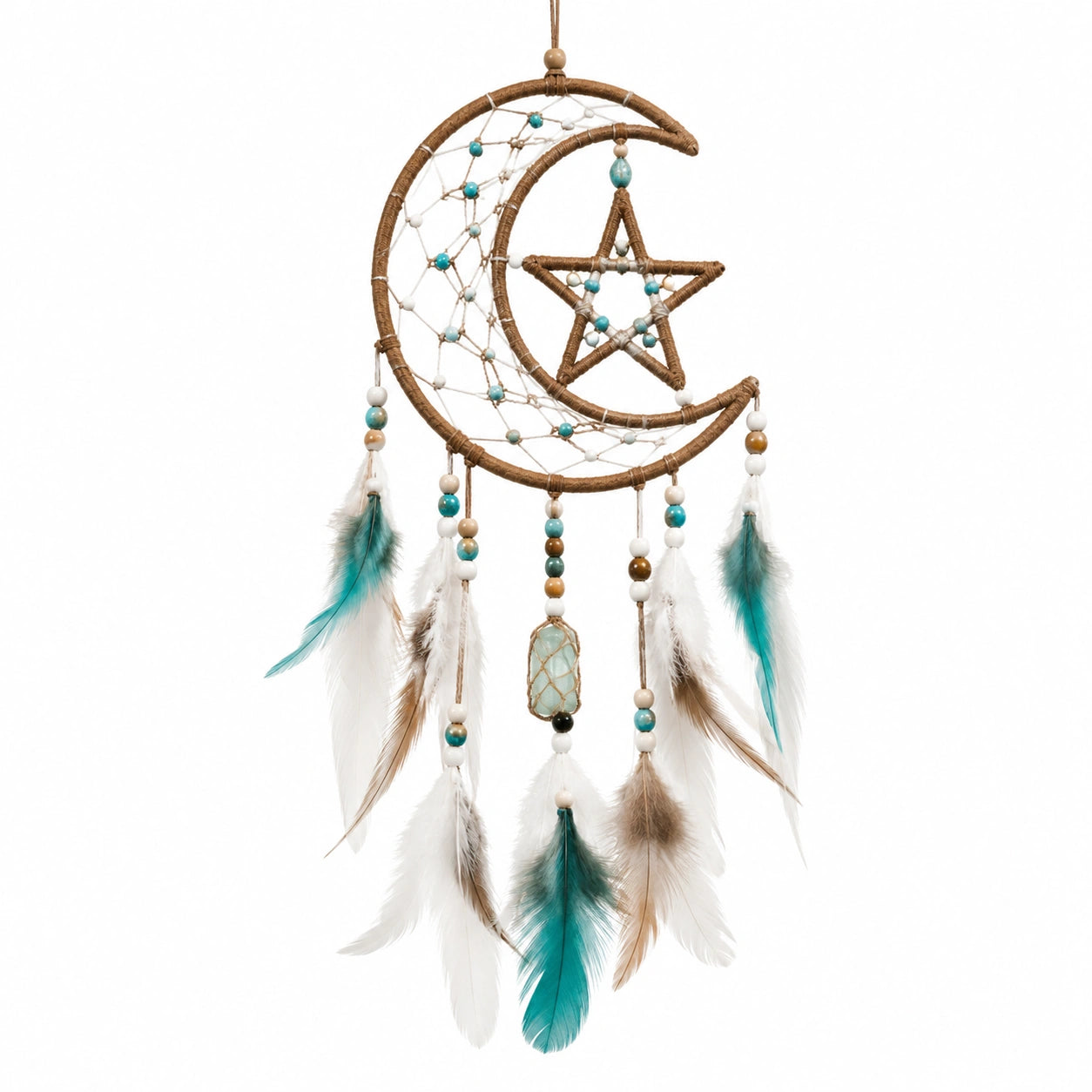 Acchiappasogni da parete 30 x 70 cm in corda marrone con piume turchesi stile boho