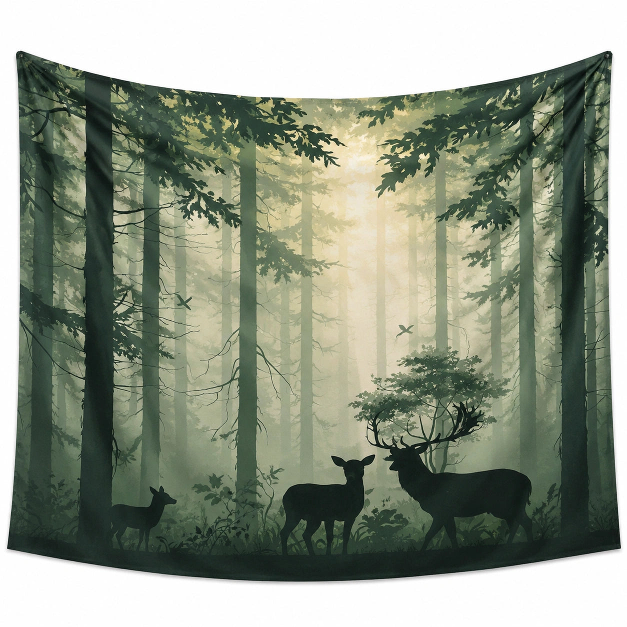 Arazzo da parete 150 x 130 cm in poliestere verde con foresta e cervi - decorazione murale