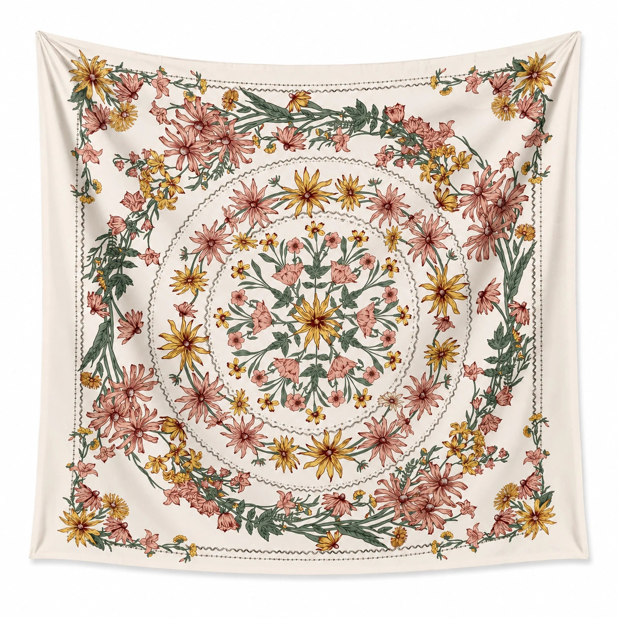 Arazzo da parete 150 cm x 150 cm in tessuto avorio con stampa floreale decorazione botanica