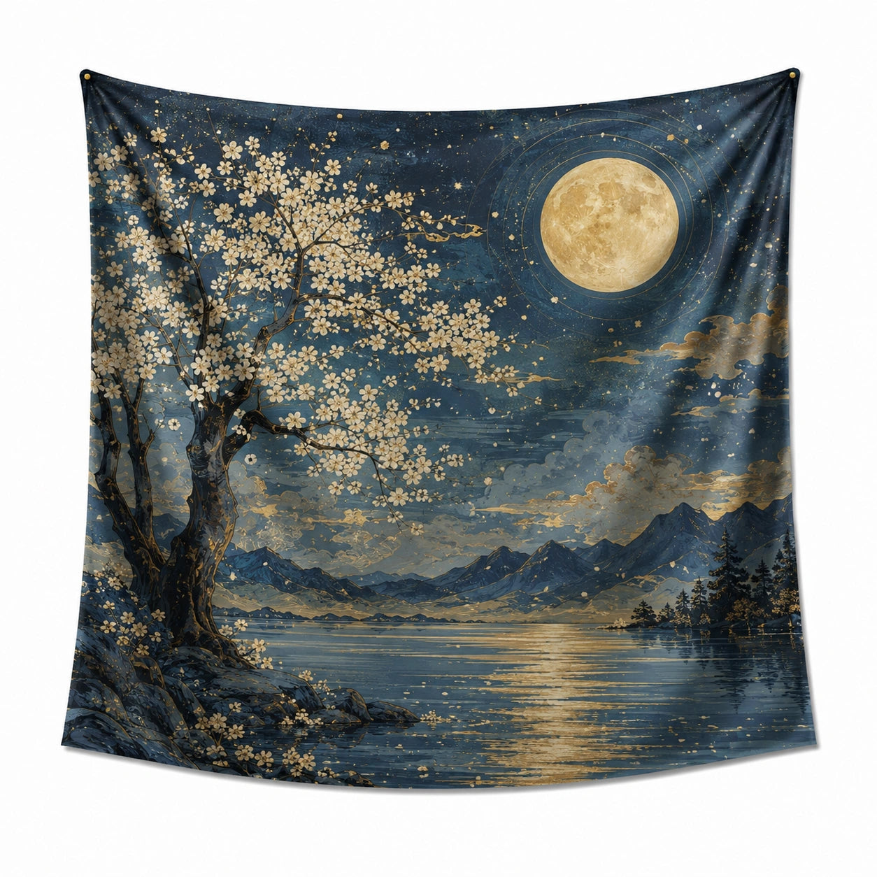Arazzo da parete 150 x 150 cm in poliestere blu con luna e paesaggio stile illustrato