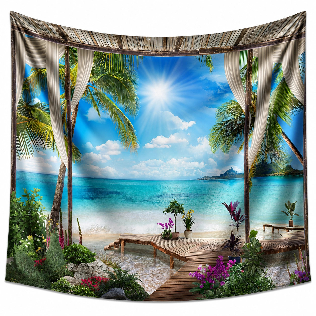 Arazzo da parete 150 x 130 cm in poliestere blu con paesaggio tropicale per decorazione interna