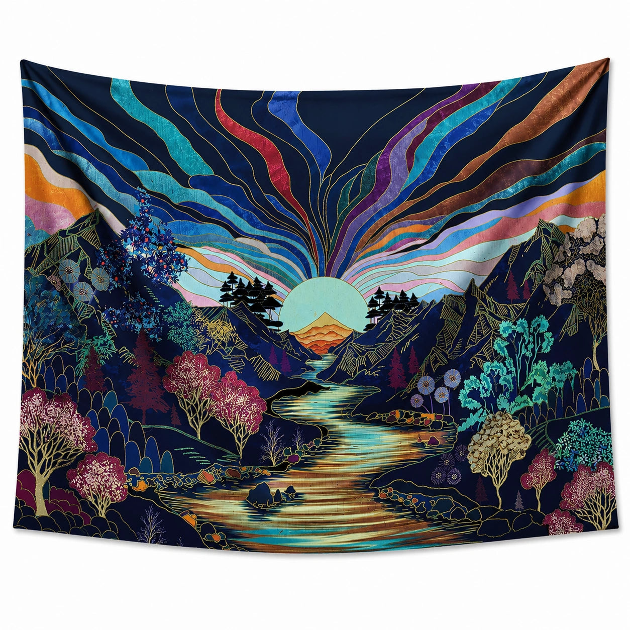 Arazzo da parete 150 x 130 cm in tessuto con paesaggio montano multicolore stile artistico