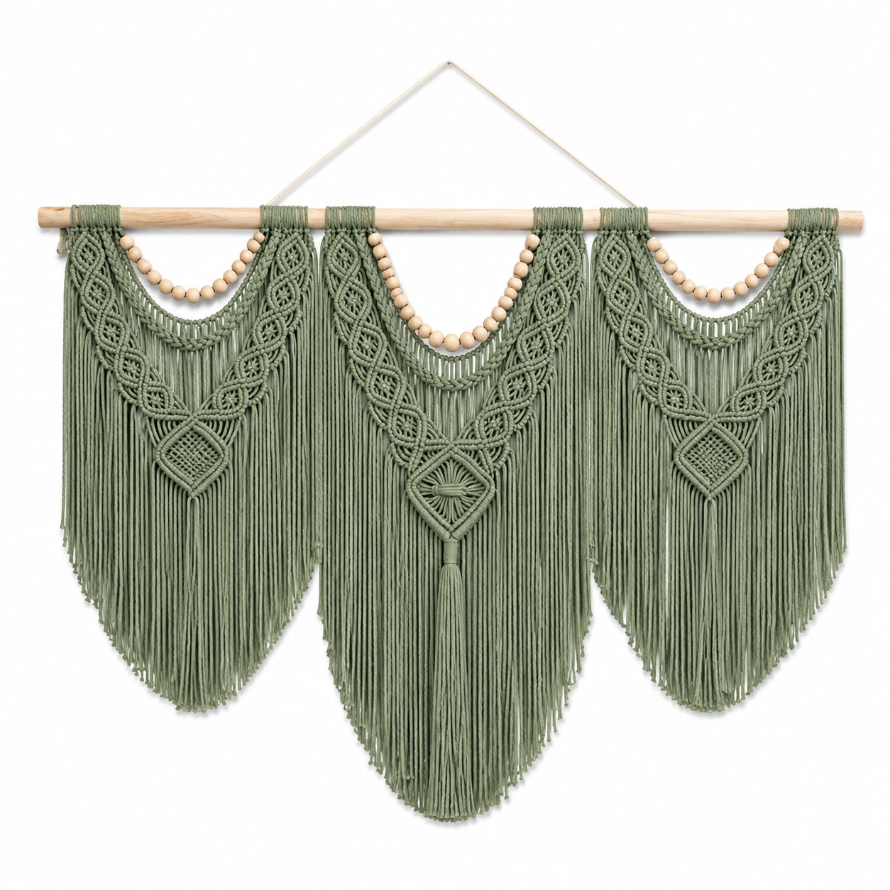 Arazzo da parete 120 x 100 cm in cotone verde salvia con frange stile boho