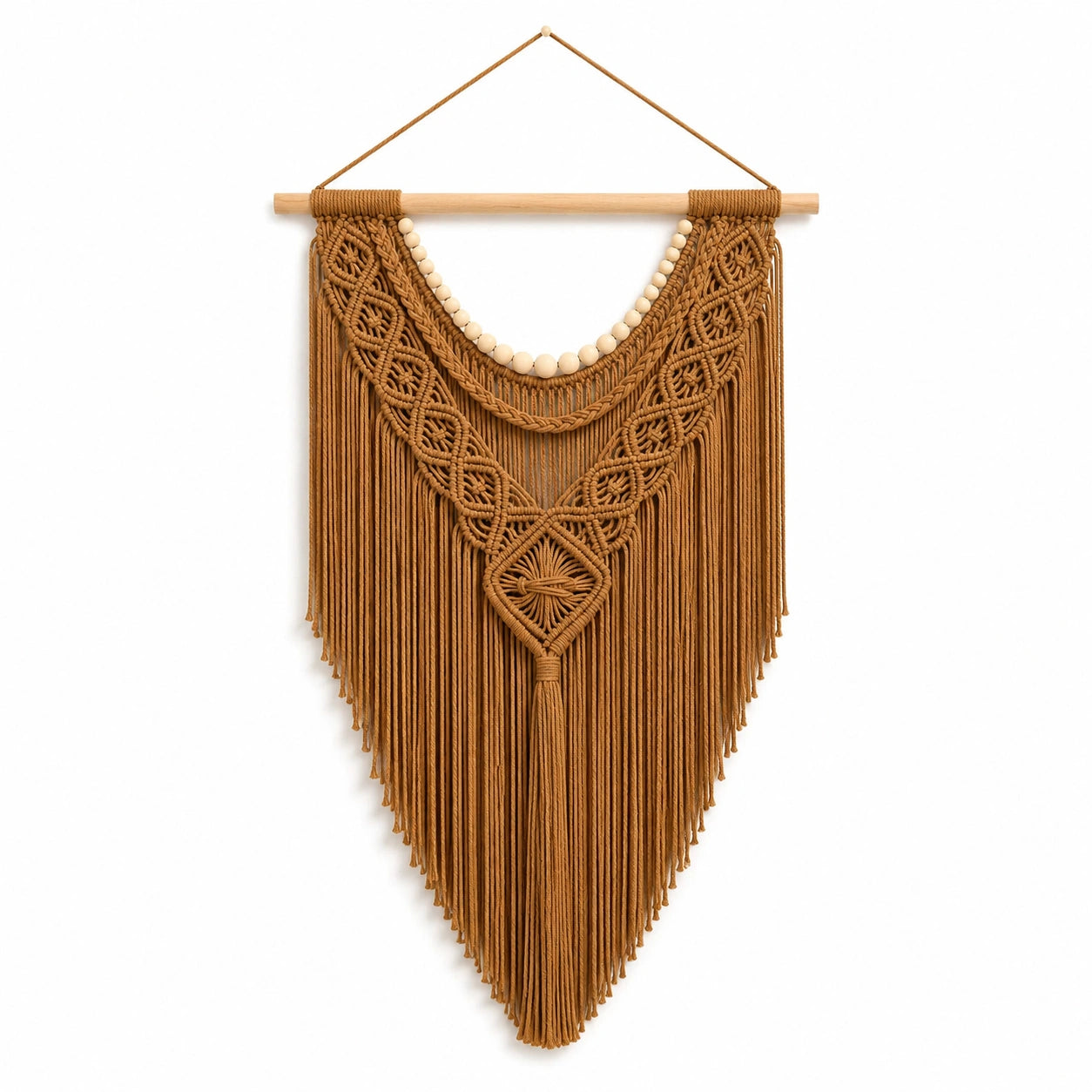 Arazzo da parete 45 x 85 cm in cotone beige e verde stile boho con frange