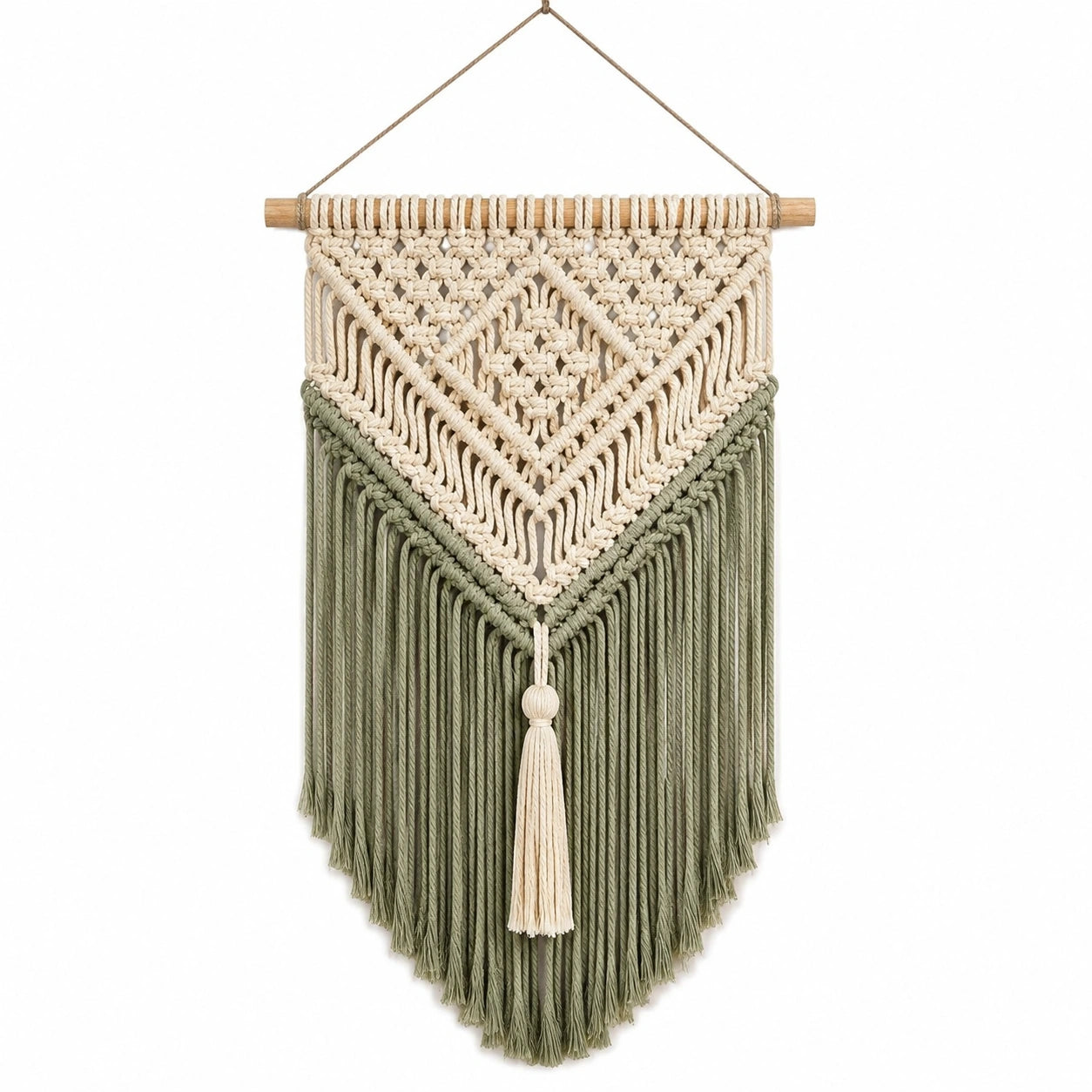 Arazzo da parete macramè 70 x 100 cm in cotone beige e verde con frange stile bohémien