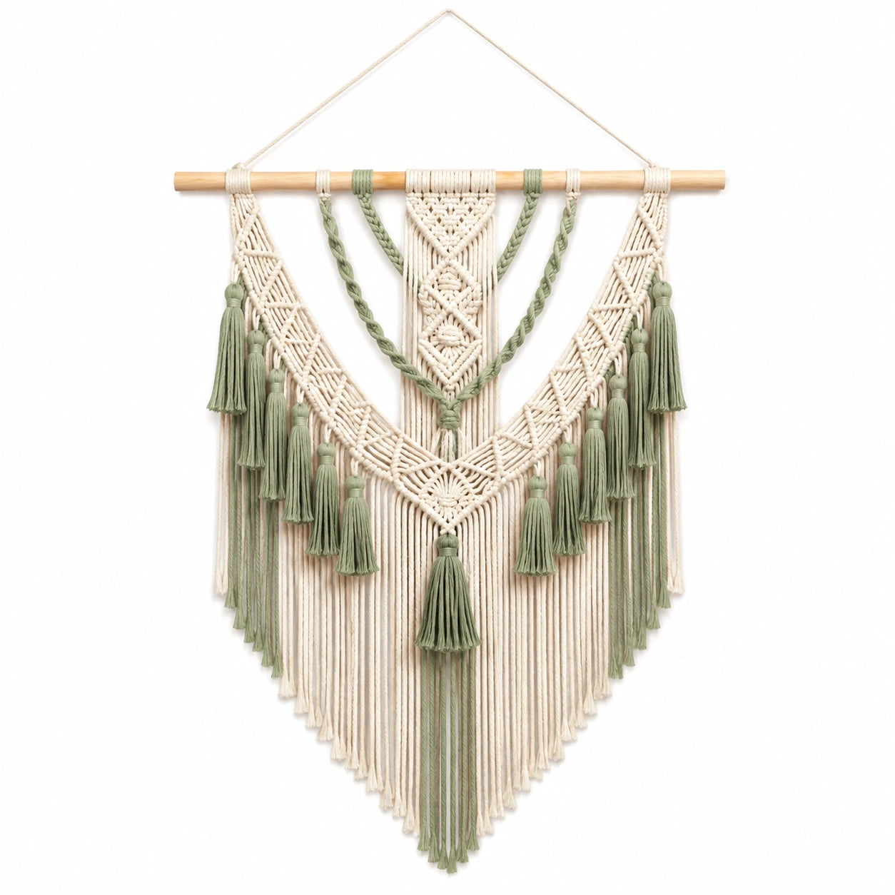Arazzo da parete 120 x 100 cm in corda di cotone verde e crema stile boho decorativo