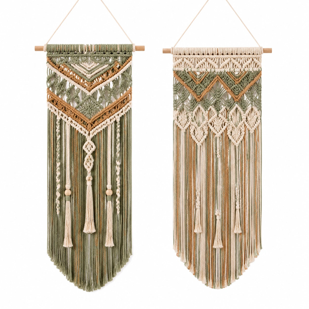 Arazzo da parete 30 x 80 cm in corda di cotone verde beige e marrone con frange stile boho