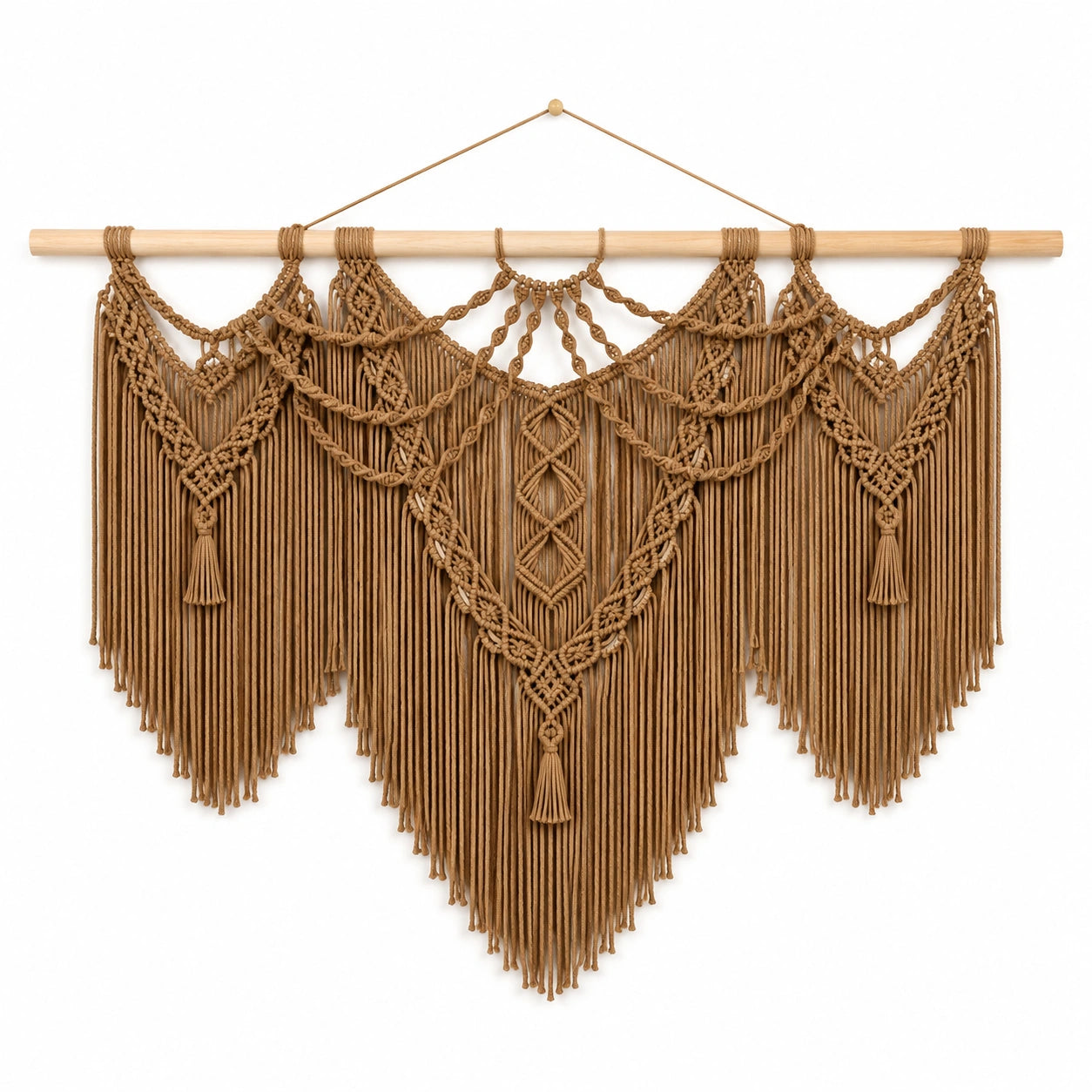 Arazzo da parete in macramè 120 x 100 cm cotone beige con bastone in legno stile boho