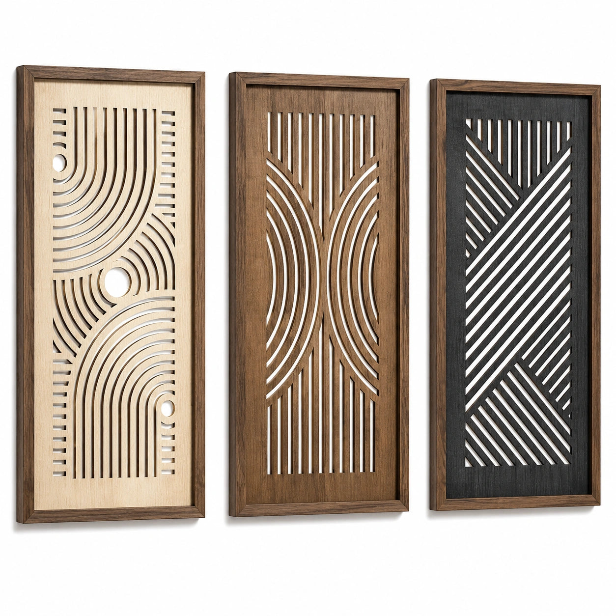 Set di 3 pannelli decorativi da parete 40 x 100 cm in legno bianco e naturale - stile geometrico